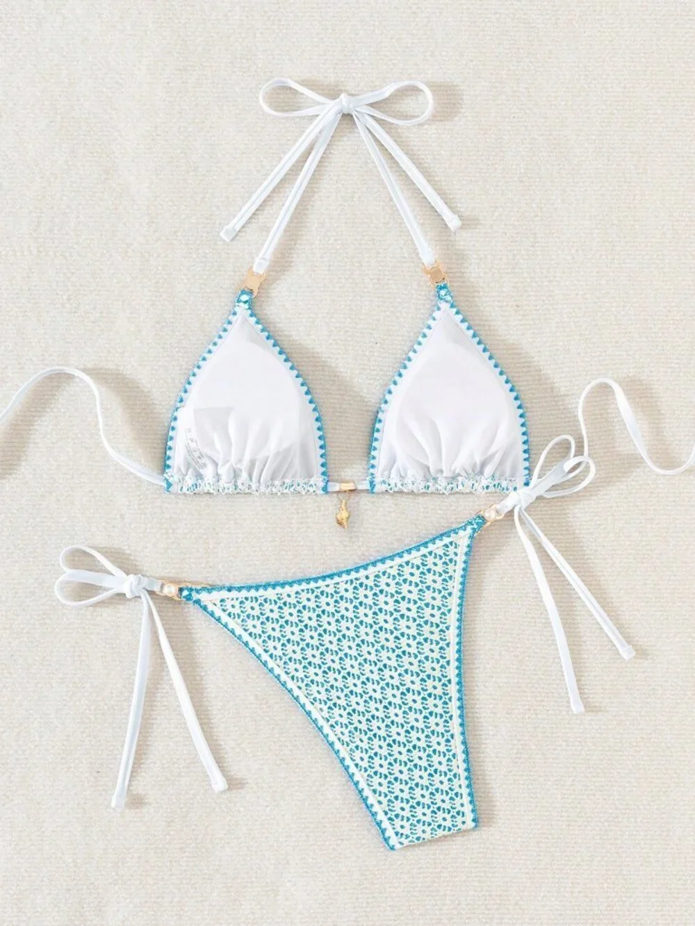 Baby Blue Women's Cute Sexy Beach Triangle Bikini with Shell & Pearl Details
